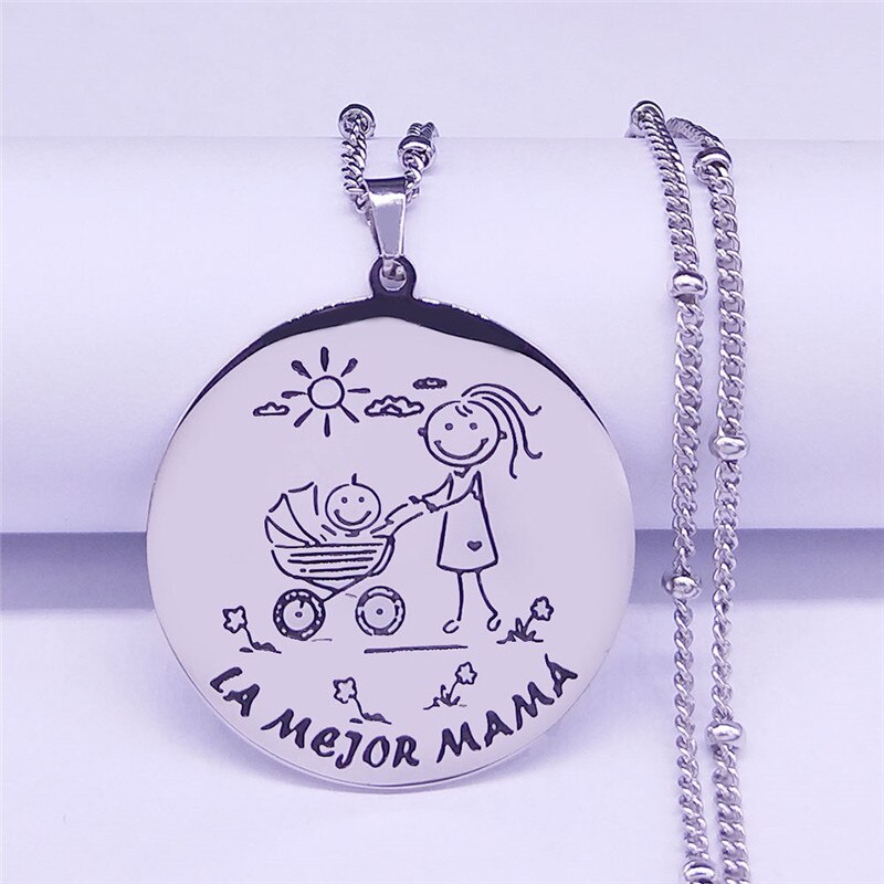 Spanish Mama and Baby Stainless Steel Charm Necklaces Silver Color Pendant Women Jewelry Mother's day gift cadenas mujer N721S01