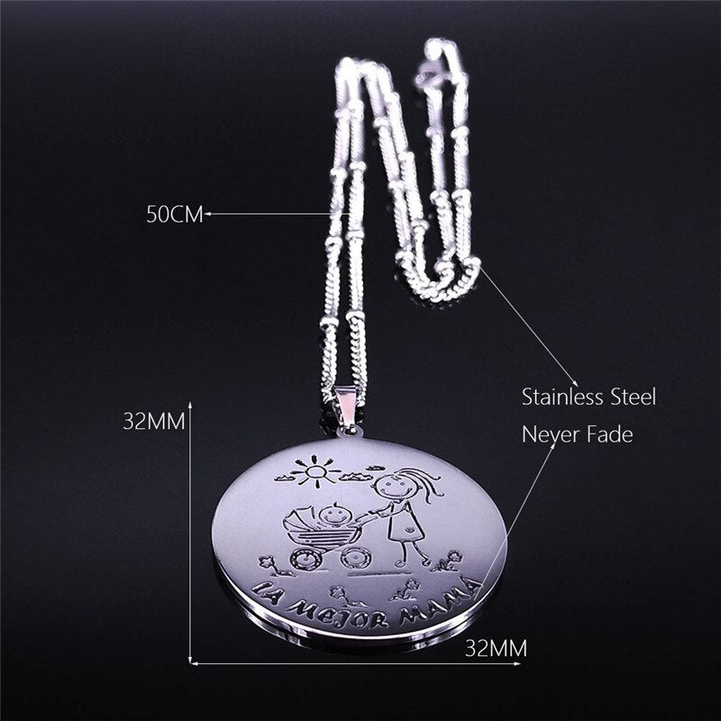 Spanish Mama and Baby Stainless Steel Charm Necklaces Silver Color Pendant Women Jewelry Mother's day gift cadenas mujer N721S01