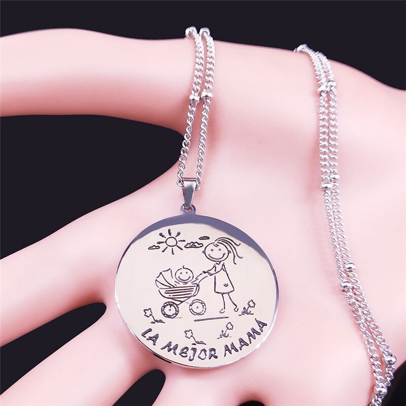 Spanish Mama and Baby Stainless Steel Charm Necklaces Silver Color Pendant Women Jewelry Mother's day gift cadenas mujer N721S01