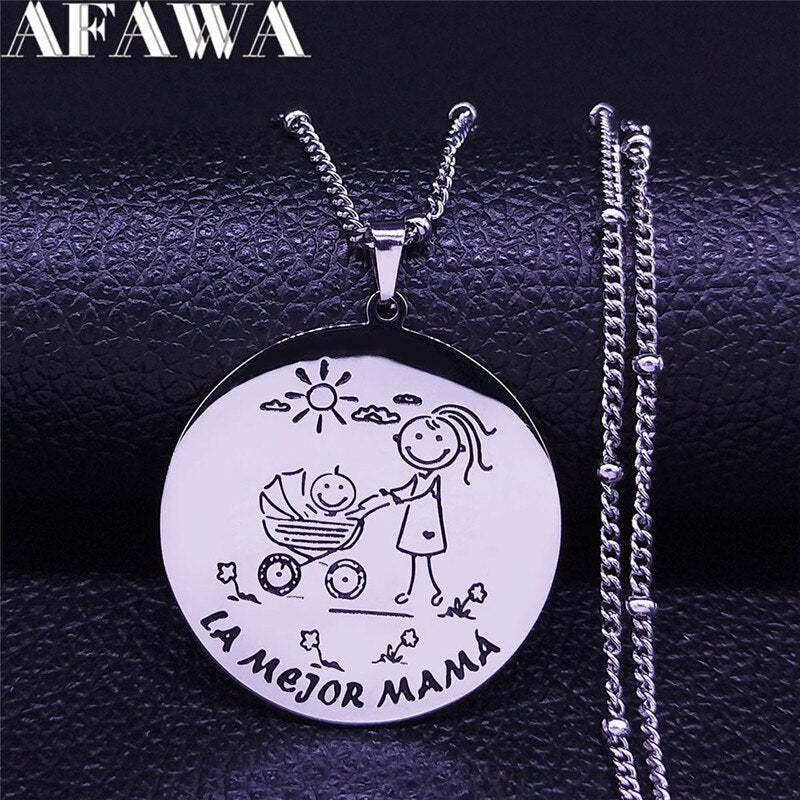 Spanish Mama and Baby Stainless Steel Charm Necklaces Silver Color Pendant Women Jewelry Mother's day gift cadenas mujer N721S01