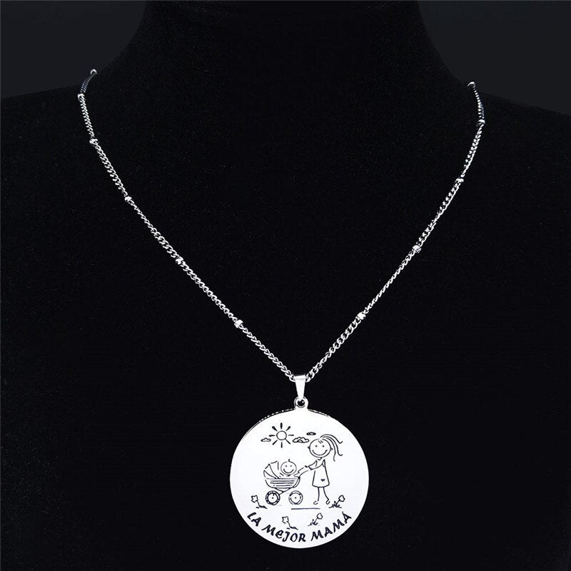 Spanish Mama and Baby Stainless Steel Charm Necklaces Silver Color Pendant Women Jewelry Mother's day gift cadenas mujer N721S01