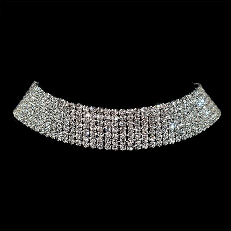 Sparkling Silver Color Crystal Collar Chain Choker Necklace Bridal Women Wedding Party Diamante Rhinestone Choker Jewelry Gifts