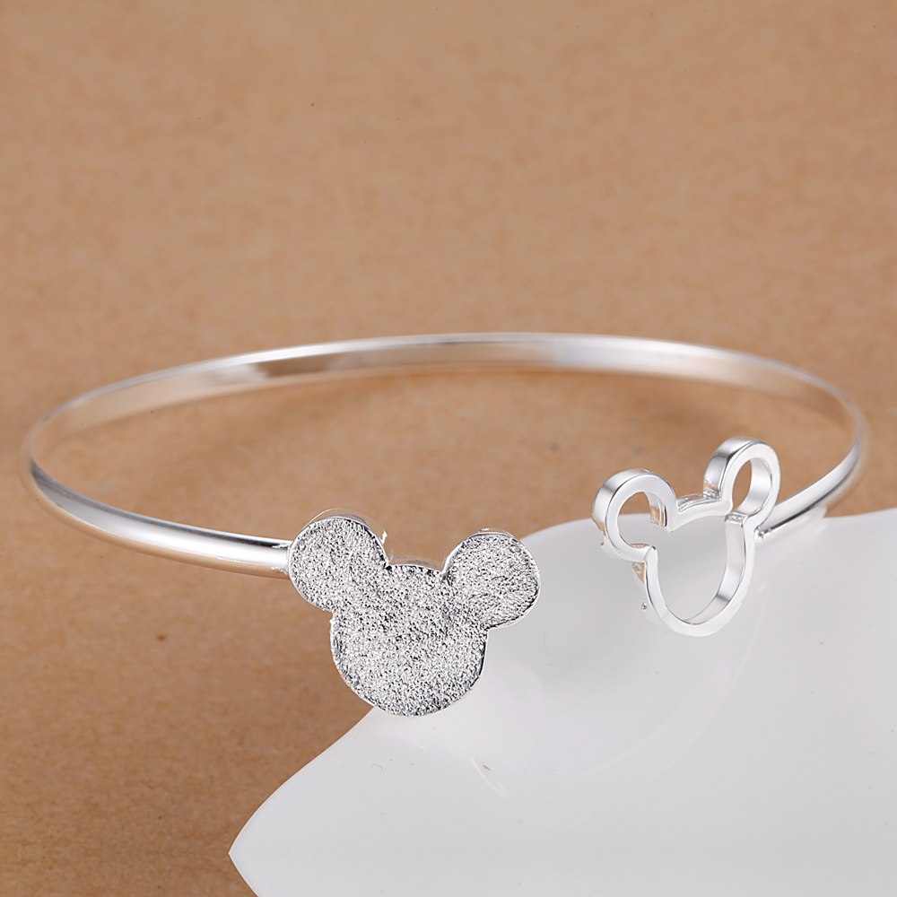 Special offer 925 Stamped Silver color fine Frosted Mickey bangle Bracelets for Women Party wedding Gifts Jewelry