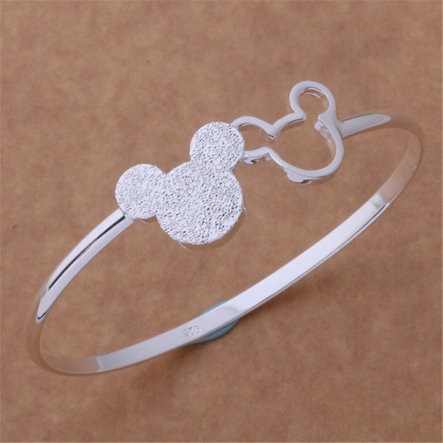 Special offer 925 Stamped Silver color fine Frosted Mickey bangle Bracelets for Women Party wedding Gifts Jewelry