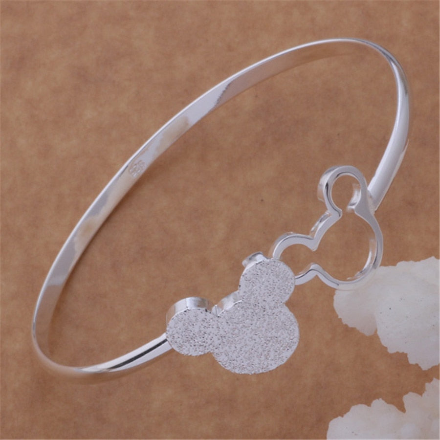 Special offer 925 Stamped Silver color fine Frosted Mickey bangle Bracelets for Women Party wedding Gifts Jewelry