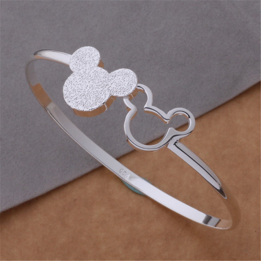 Special offer 925 Stamped Silver color fine Frosted Mickey bangle Bracelets for Women Party wedding Gifts Jewelry