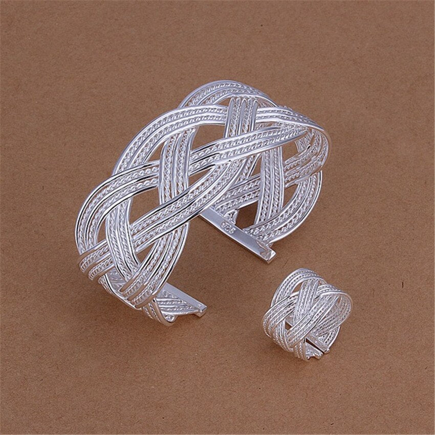 Special offer 925 Sterling Silver rings Bracelets Jewelry set for woman Pretty wide Weave bangle adjustable Party gifts