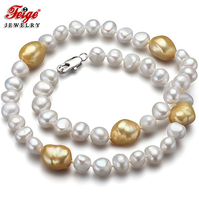offer Baroque 7-8/10-11MM White/Golden Color Pearl Necklace for Women's De moda Collar Fine Pearl Jewelry