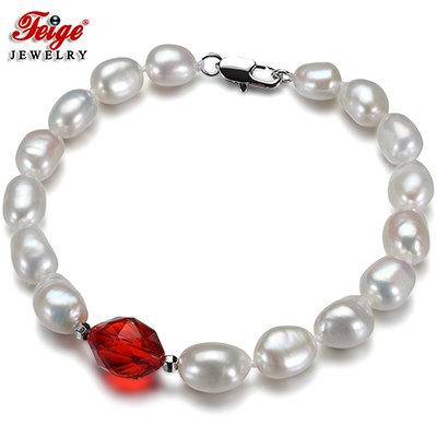 offer Baroque 7-8MM White Pearl Strand Bracelets For Women Red Crystal Bracelet Fine Jewelry Pulseras