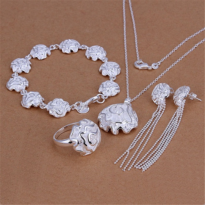 Special offer Pretty Rose flower 925 sterling Silver Pendant ring Bracelet necklace earring stud for women Jewelry set