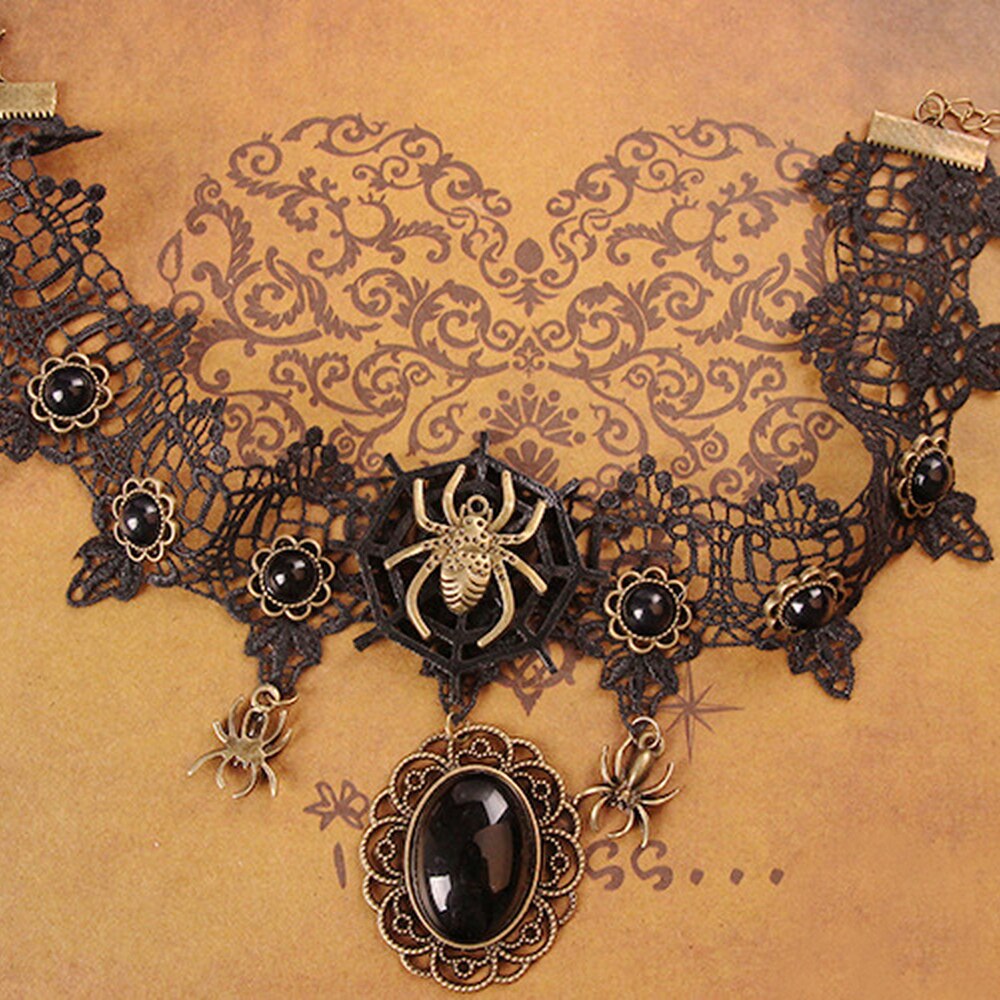 Spider Necklace for Women 2021 Goth Aesthetic Black Stone Accessories Vintage Flower Pendant Neck Jewelry Charm Lace Choker Gift