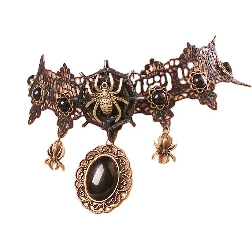 Spider Necklace for Women 2021 Goth Aesthetic Black Stone Accessories Vintage Flower Pendant Neck Jewelry Charm Lace Choker Gift