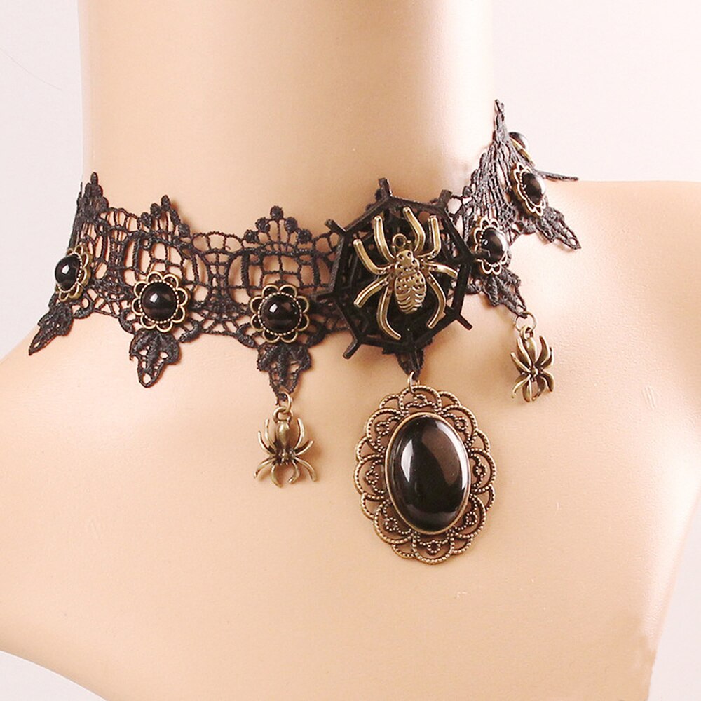 Spider Necklace for Women 2021 Goth Aesthetic Black Stone Accessories Vintage Flower Pendant Neck Jewelry Charm Lace Choker Gift