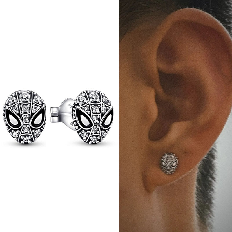 SpiderMan Mask Pave Stud Earrings in stock now 925 Sterling silver Earrings Cool Style Statement Jewelry Male Female