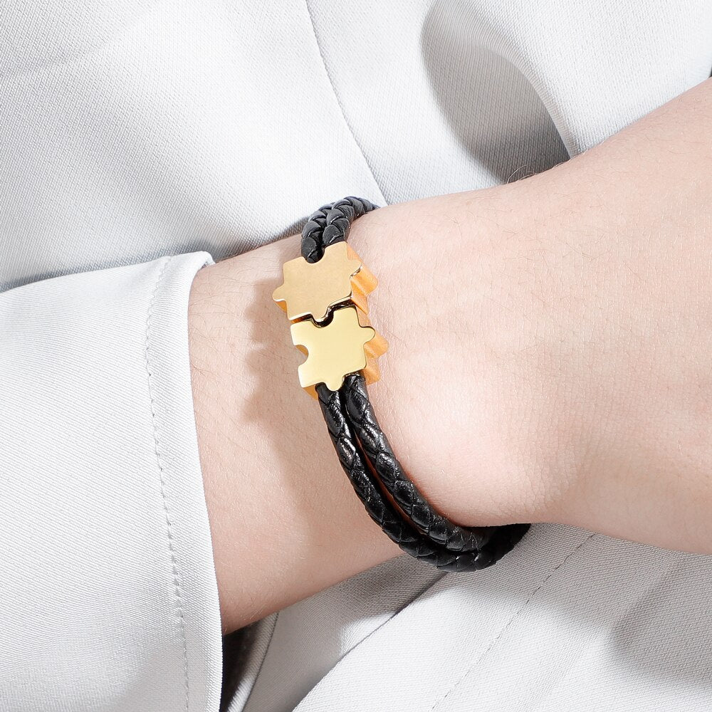 Splicing Beads Building Block Pendants Puzzle Leather Bracelet Custom Family Friends Names Men Jewelry Valentine's Day Gifts