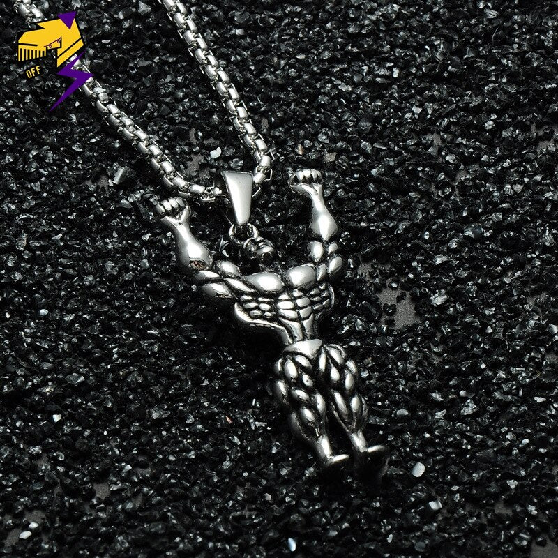 Sporty Strong Muscle Men Pendant Necklaces Stainless Steel Fitness Figure Gold Color Chains Hiphop Rock Roll Necklace Street Man
