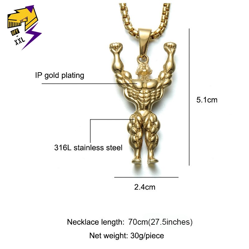 Sporty Strong Muscle Men Pendant Necklaces Stainless Steel Fitness Figure Gold Color Chains Hiphop Rock Roll Necklace Street Man