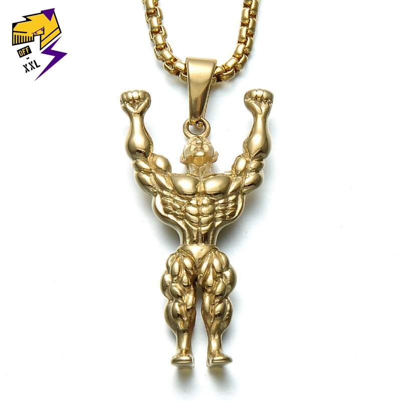Sporty Strong Muscle Men Pendant Necklaces Stainless Steel Fitness Figure Gold Color Chains Hiphop Rock Roll Necklace Street Man