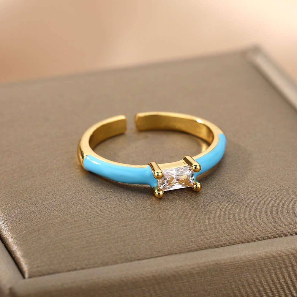 Square Cubic Zircon Rings For Women Colorful Zircon Enamel Adjustable Open Female Finger Ring Party Jewelry Gift Bijoux Femme