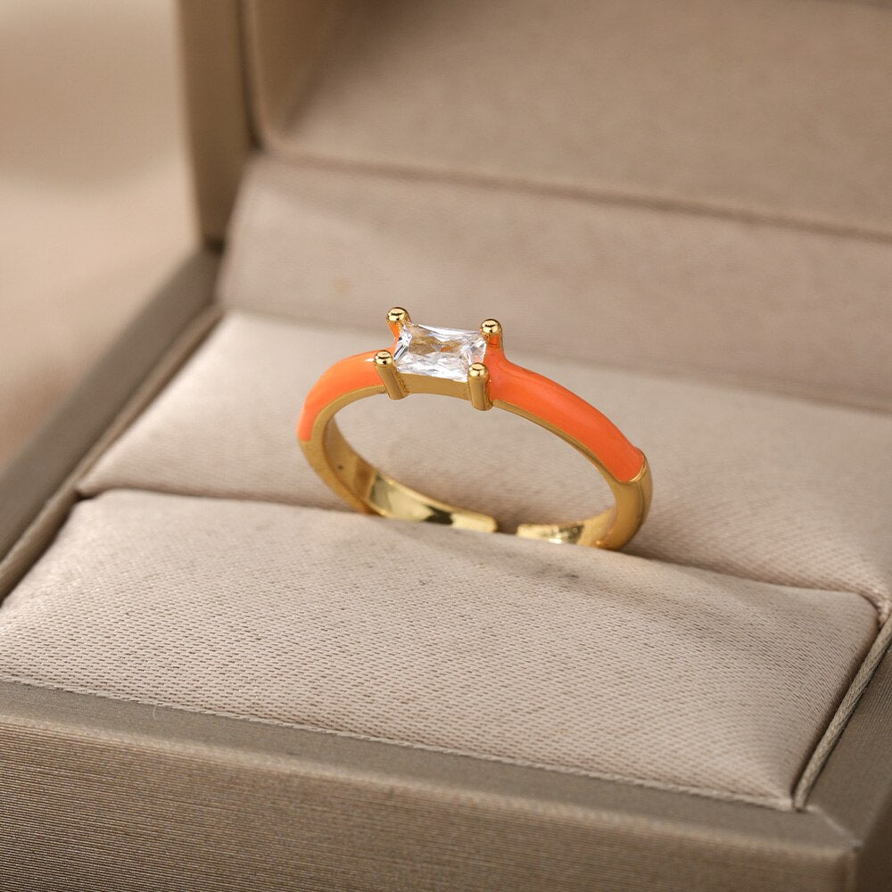 Square Cubic Zircon Rings For Women Colorful Zircon Enamel Adjustable Open Female Finger Ring Party Jewelry Gift Bijoux Femme