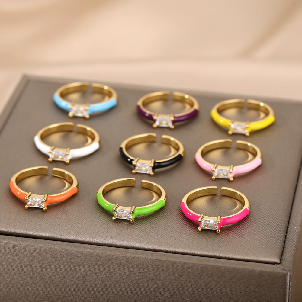Square Cubic Zircon Rings For Women Colorful Zircon Enamel Adjustable Open Female Finger Ring Party Jewelry Gift Bijoux Femme