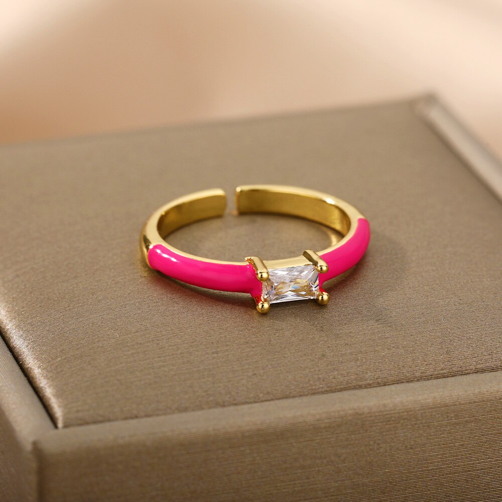 Square Cubic Zircon Rings For Women Colorful Zircon Enamel Adjustable Open Female Finger Ring Party Jewelry Gift Bijoux Femme