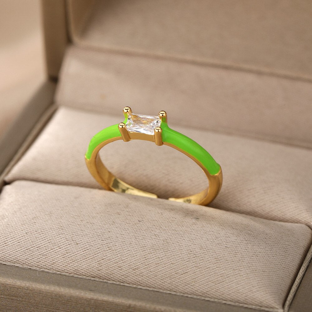 Square Cubic Zircon Rings For Women Colorful Zircon Enamel Adjustable Open Female Finger Ring Party Jewelry Gift Bijoux Femme