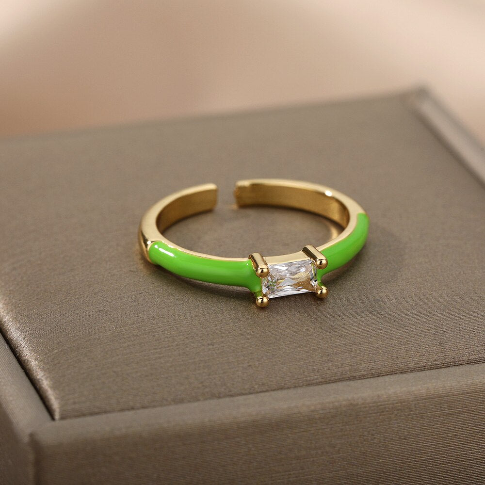 Square Cubic Zircon Rings For Women Colorful Zircon Enamel Adjustable Open Female Finger Ring Party Jewelry Gift Bijoux Femme