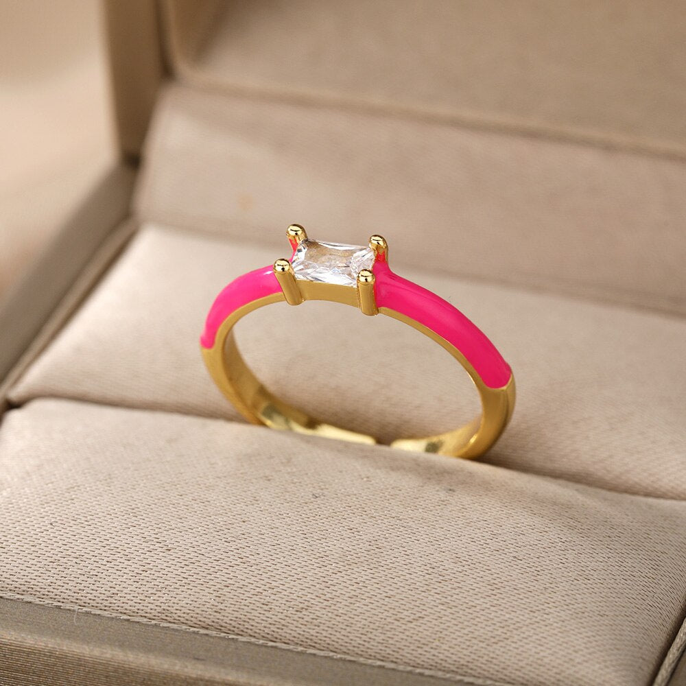 Square Cubic Zircon Rings For Women Colorful Zircon Enamel Adjustable Open Female Finger Ring Party Jewelry Gift Bijoux Femme