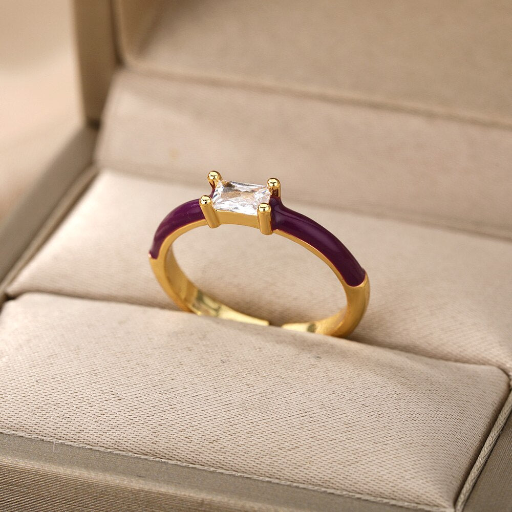 Square Cubic Zircon Rings For Women Colorful Zircon Enamel Adjustable Open Female Finger Ring Party Jewelry Gift Bijoux Femme