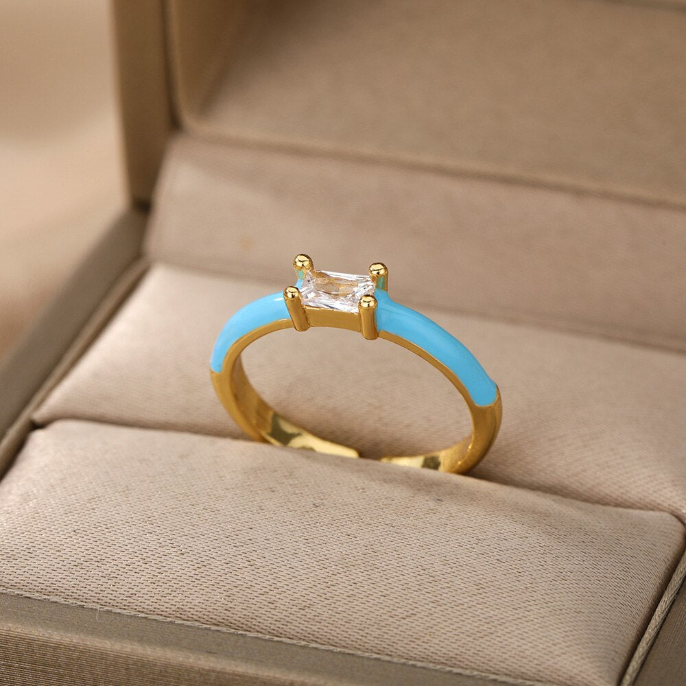 Square Cubic Zircon Rings For Women Colorful Zircon Enamel Adjustable Open Female Finger Ring Party Jewelry Gift Bijoux Femme