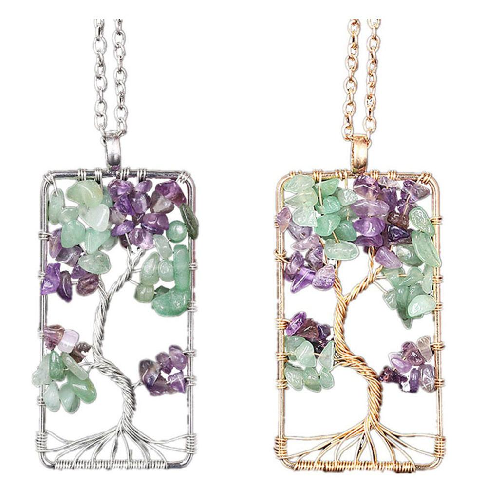 Square Genuine Chip Stone Necklace Vintage Wire Wrapped Chakra Handcrafted Energy Pendant