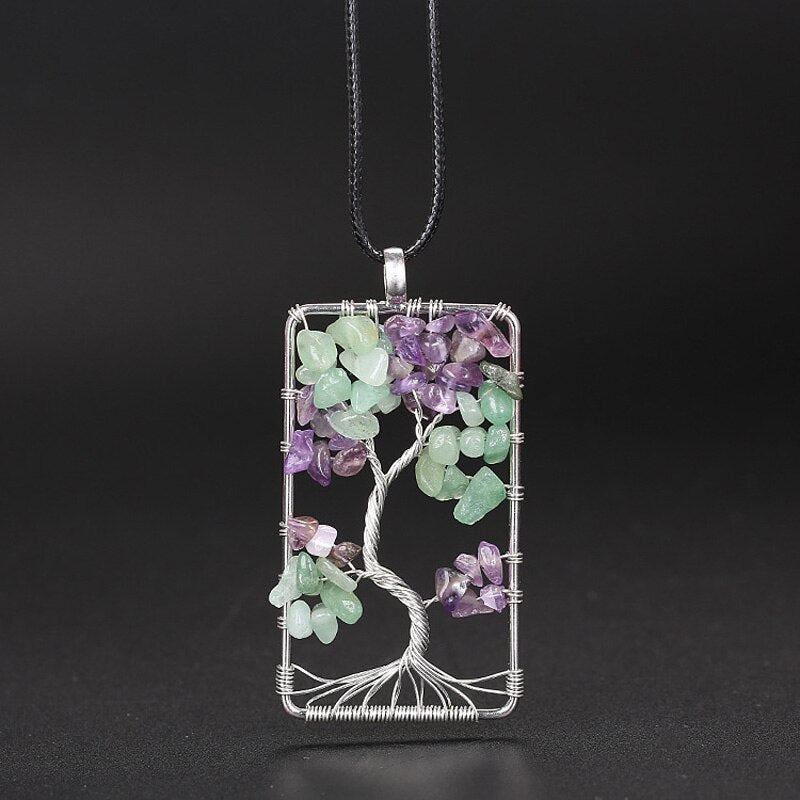 Square Genuine Chip Stone Necklace Vintage Wire Wrapped Chakra Handcrafted Energy Pendant