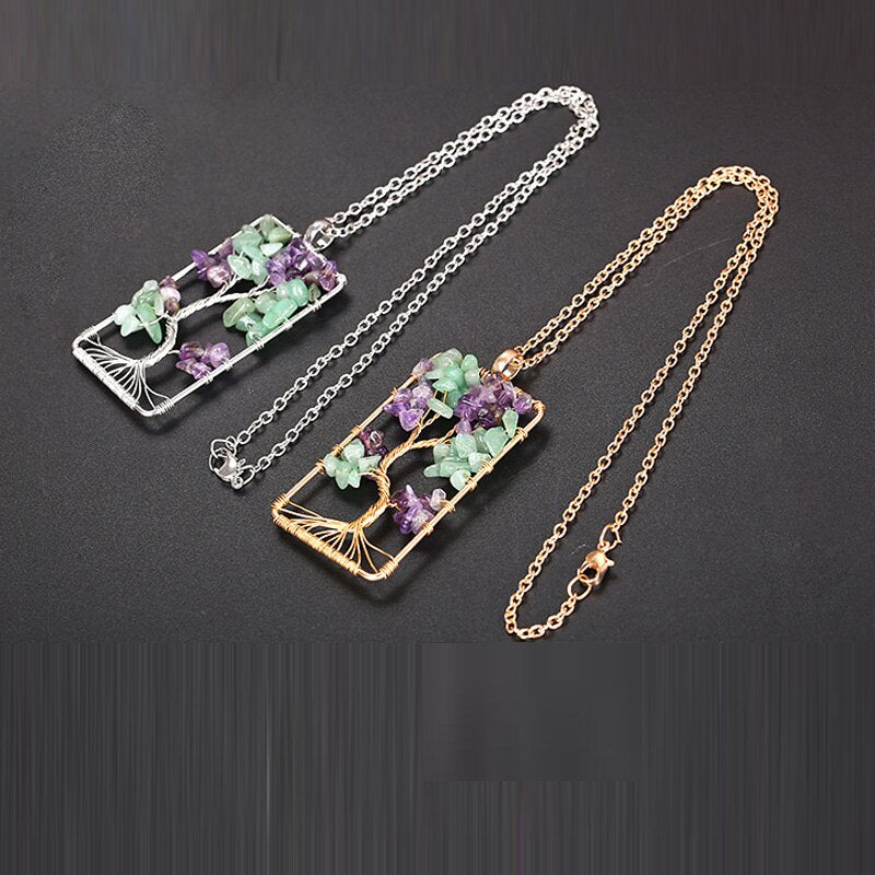 Square Genuine Chip Stone Necklace Vintage Wire Wrapped Chakra Handcrafted Energy Pendant