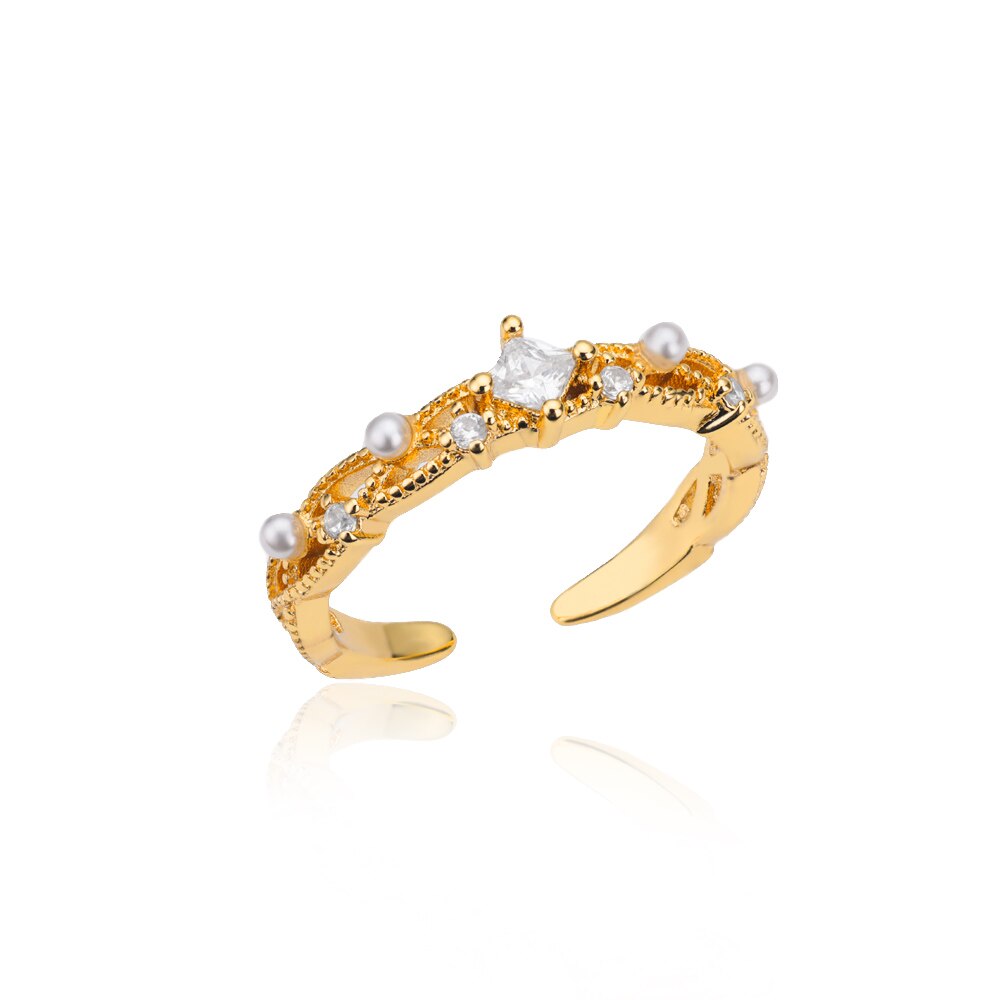 Square Zircon Imitation Pearl Rings for Women Open Adjustable Gold Color Stainless Steel Ring Aesthetic Wedding Jewerly anillos