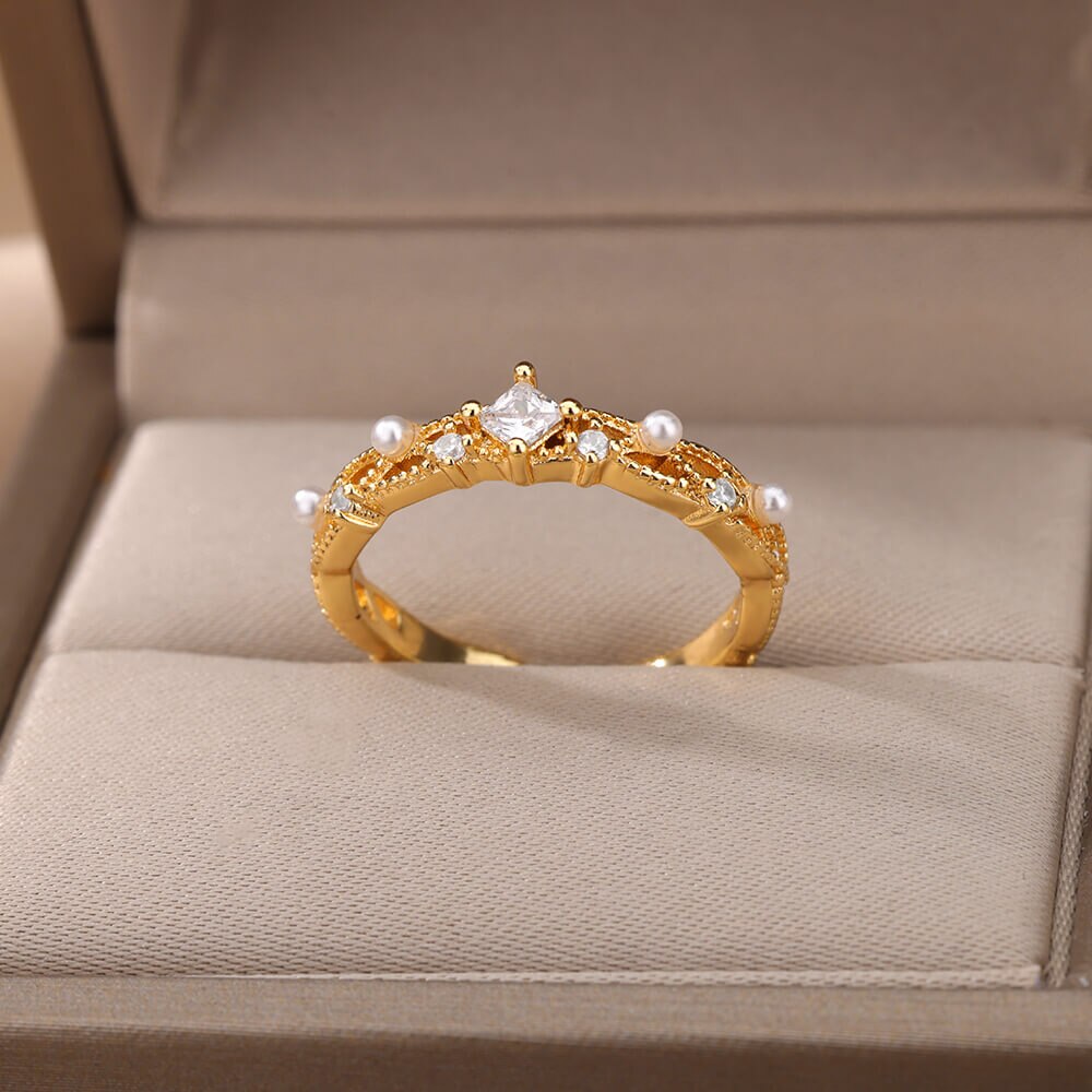 Square Zircon Imitation Pearl Rings for Women Open Adjustable Gold Color Stainless Steel Ring Aesthetic Wedding Jewerly anillos