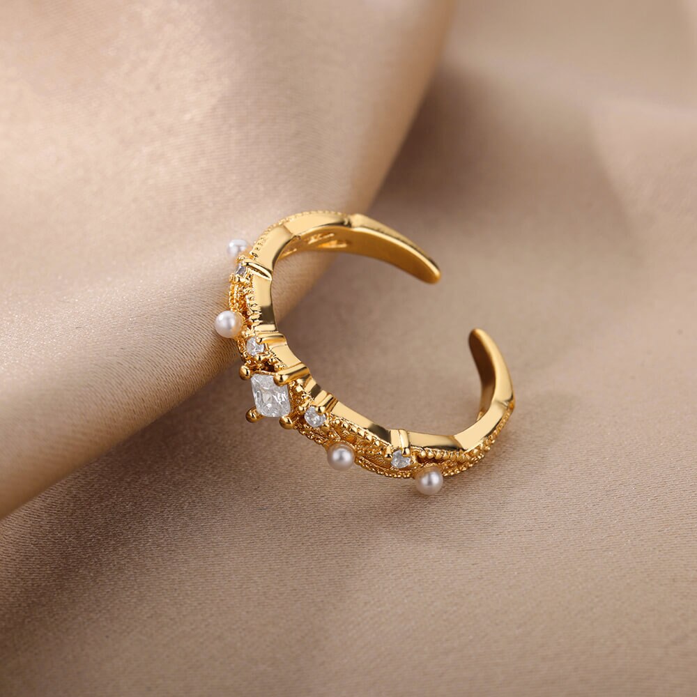 Square Zircon Imitation Pearl Rings for Women Open Adjustable Gold Color Stainless Steel Ring Aesthetic Wedding Jewerly anillos