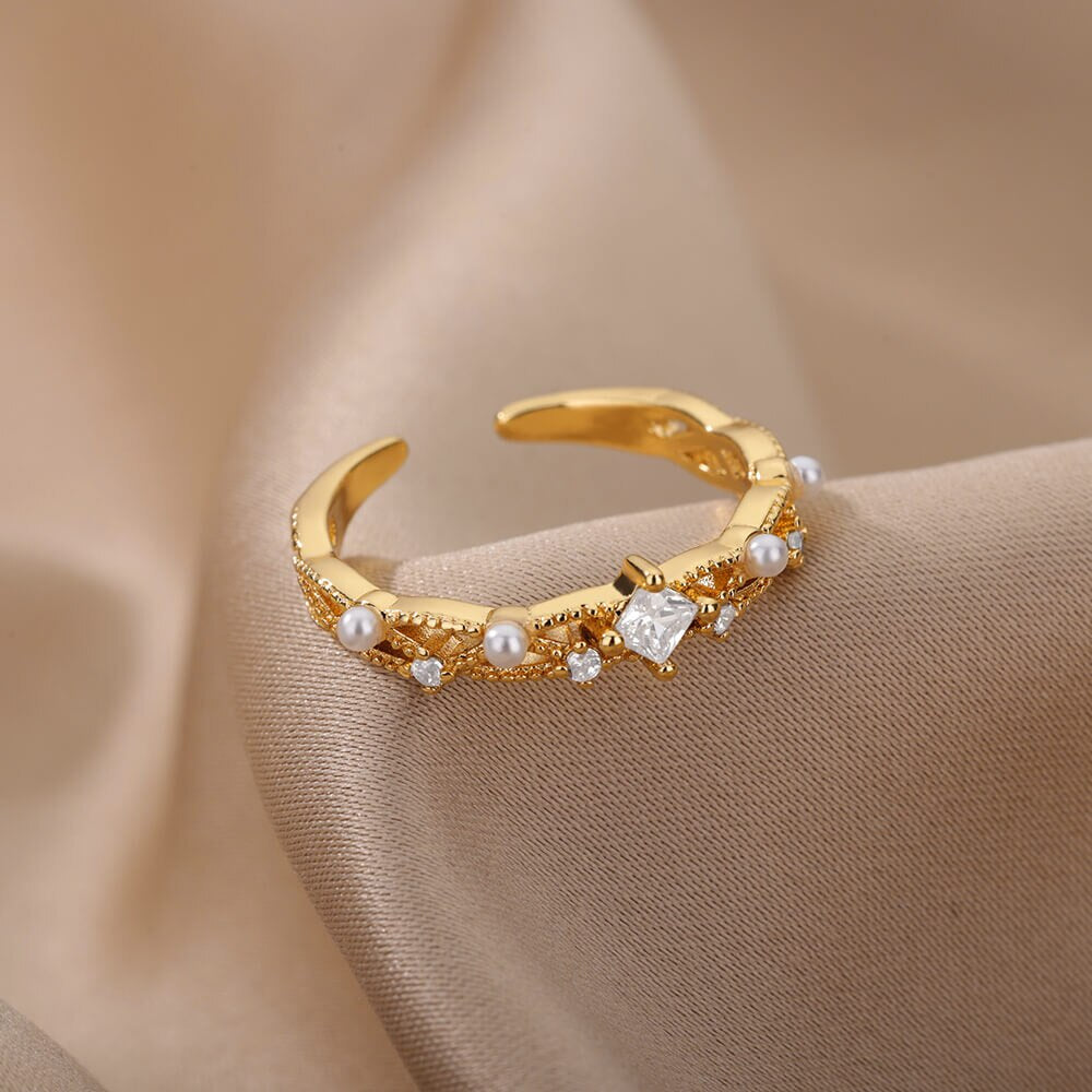 Square Zircon Imitation Pearl Rings for Women Open Adjustable Gold Color Stainless Steel Ring Aesthetic Wedding Jewerly anillos