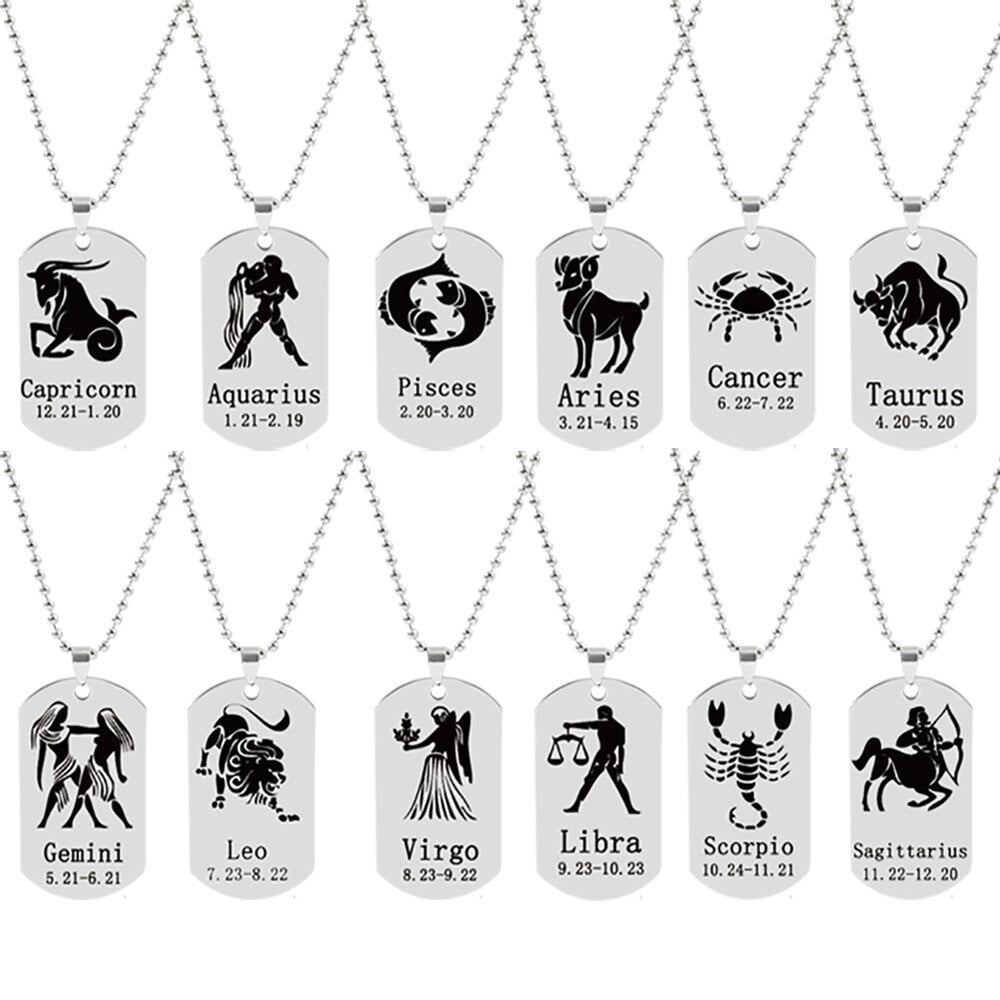 Stainless Steel 12 Horoscope Zodiac Sign Black Color Pendant Necklace Aries Leo   12 Constellation Jewelry