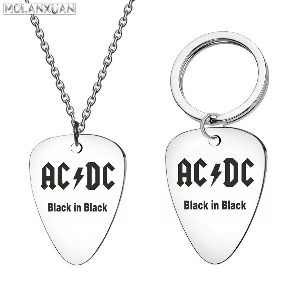 Stainless Steel AC DC Dial Necklace Rock Band Key Keys Guitar Titanium Steel Men's Punk Simple Instrument Guitar pick брелок key