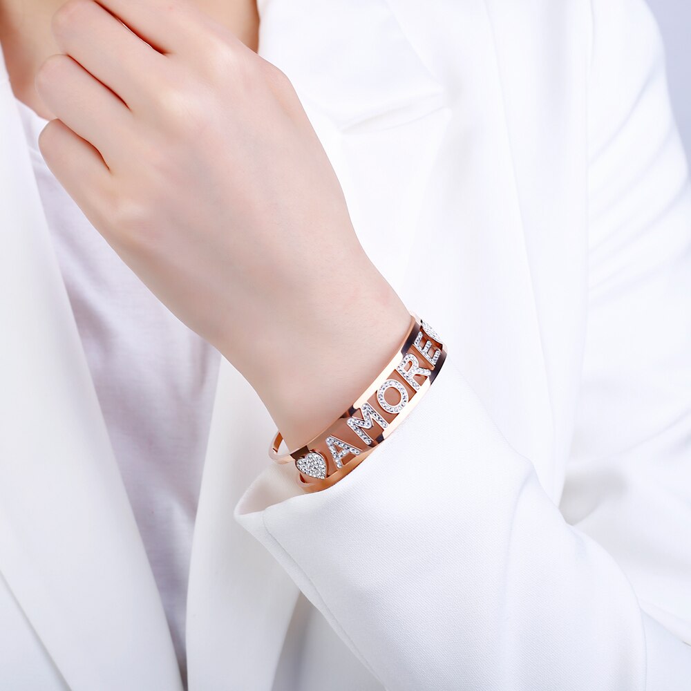 Stainless Steel AMORE Letter Open Cuff Bracelet Colorful Crystal Heart Rose Gold Bangle For Women Party Wedding Jewelry Gifts