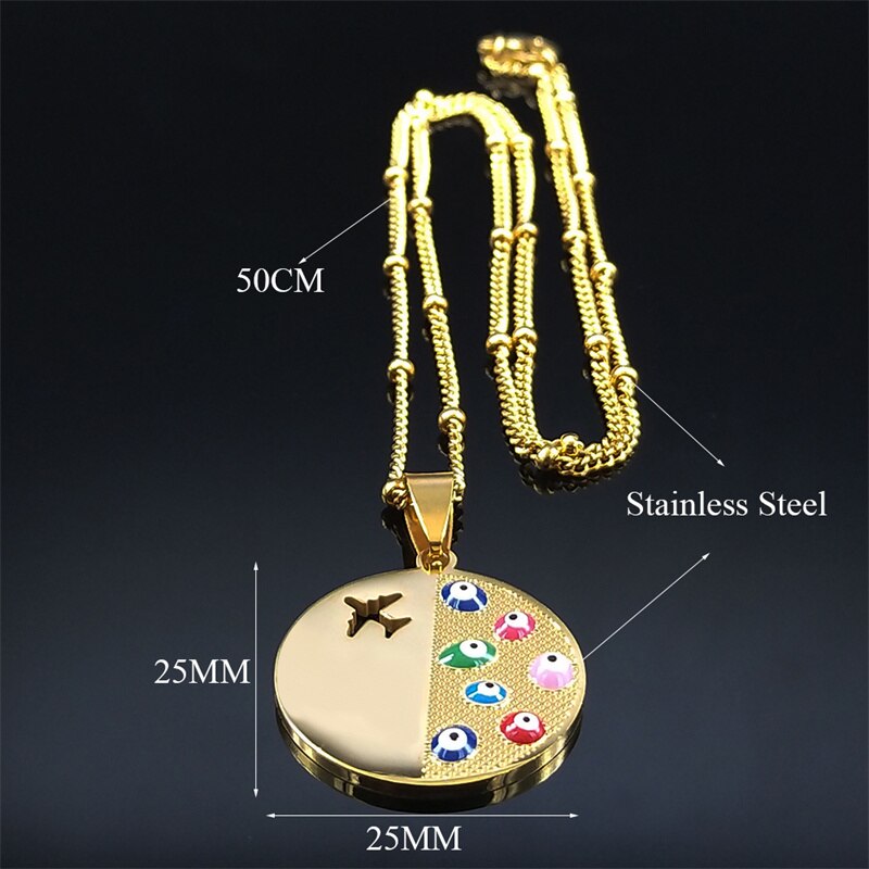 Stainless Steel Airplane Charm Necklaces for Women/Kid Gold Color Turkey Eye Statement Necklace Jewelry oeil turc N5239S01
