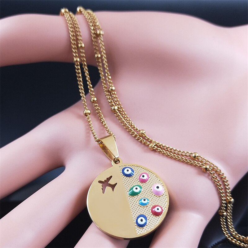 Stainless Steel Airplane Charm Necklaces for Women/Kid Gold Color Turkey Eye Statement Necklace Jewelry oeil turc N5239S01