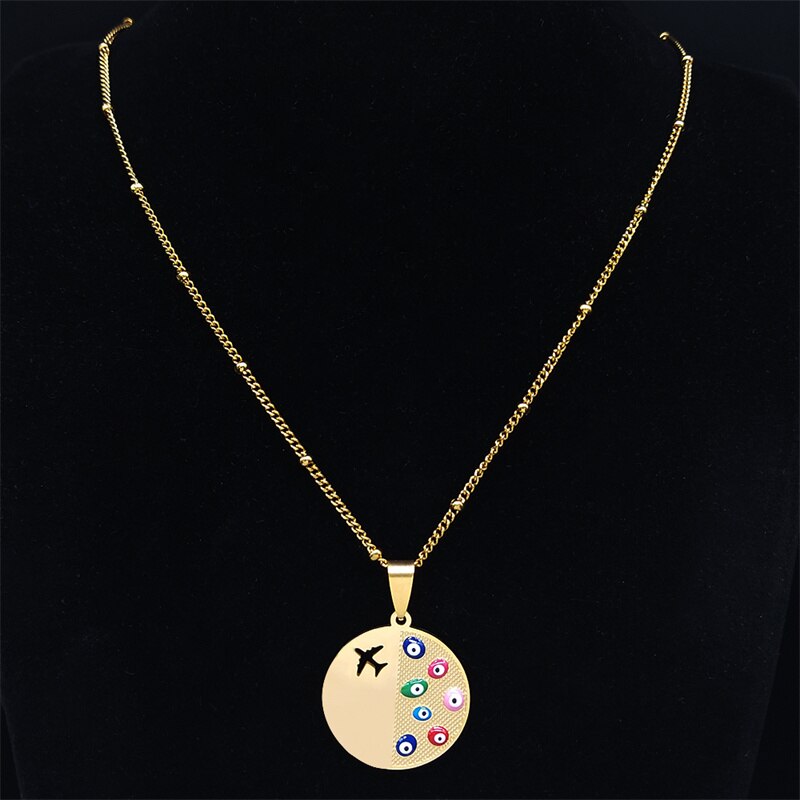 Stainless Steel Airplane Charm Necklaces for Women/Kid Gold Color Turkey Eye Statement Necklace Jewelry oeil turc N5239S01