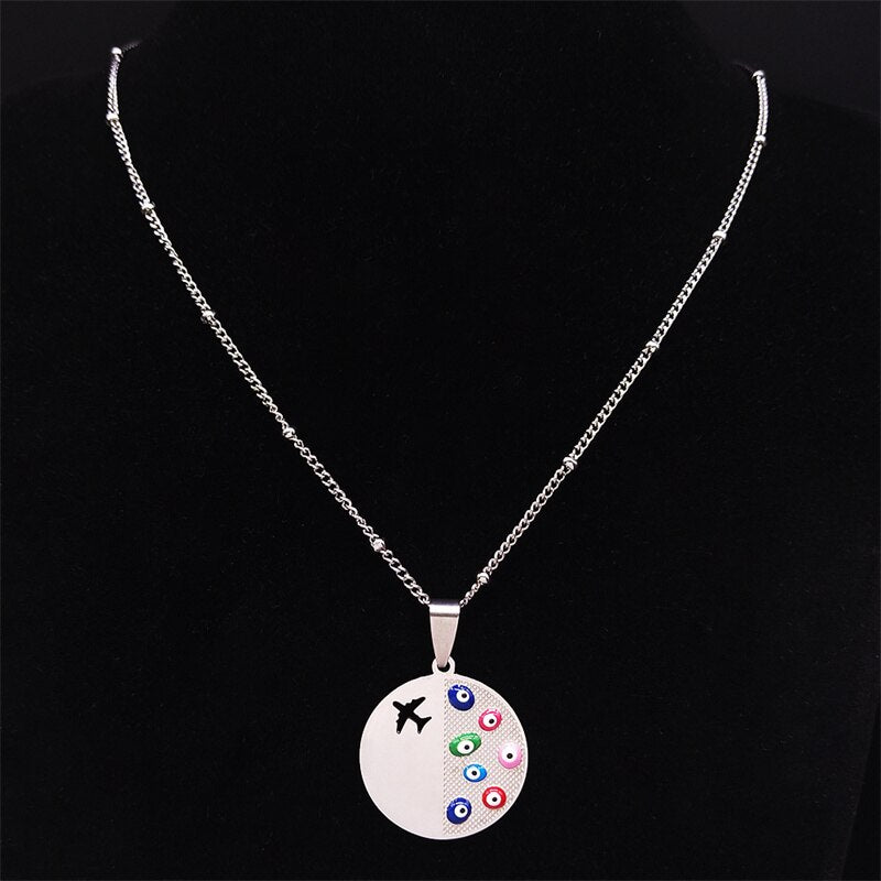 Stainless Steel Airplane Necklaces Women Silver Color Turkey Eye Pendant Necklace Jewelry pendentif acier inoxydable N5239S01