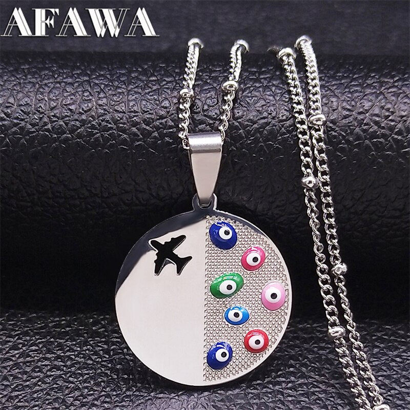 Stainless Steel Airplane Necklaces Women Silver Color Turkey Eye Pendant Necklace Jewelry pendentif acier inoxydable N5239S01