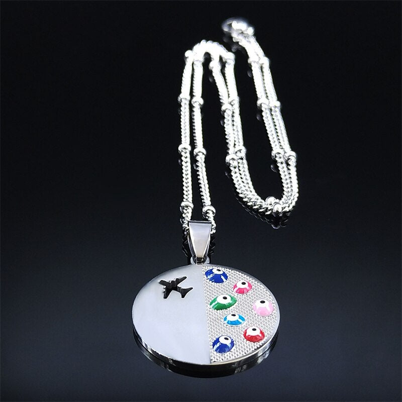 Stainless Steel Airplane Necklaces Women Silver Color Turkey Eye Pendant Necklace Jewelry pendentif acier inoxydable N5239S01