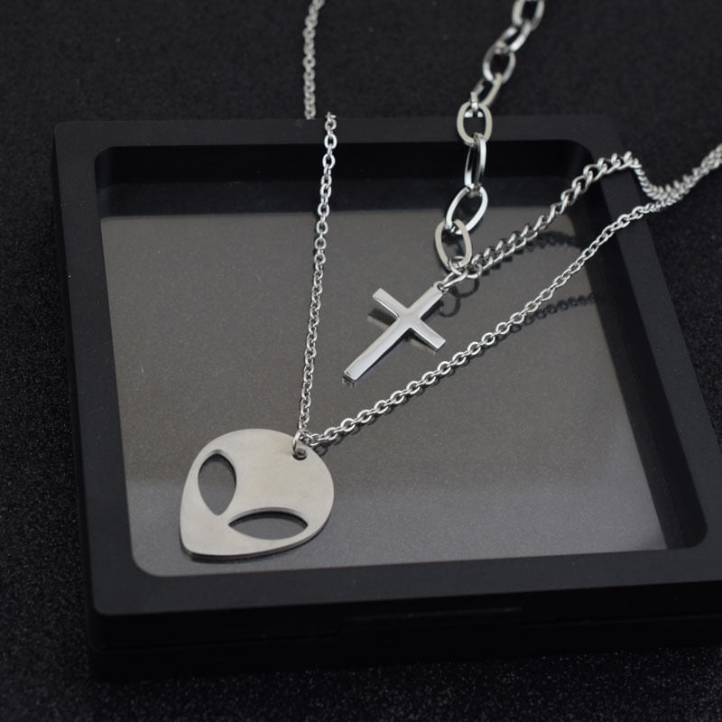 Stainless Steel Alien Cross Pendant Double Chain Long Necklaces For Women DJ Hip hop Street Necklace Men Jewelry Never Fade