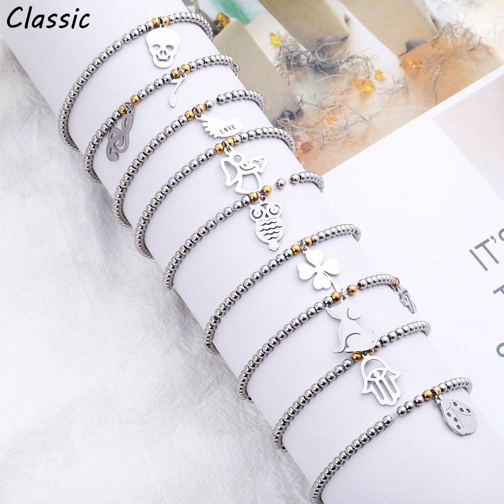 Stainless Steel  Beads Bracelets for Women Silvery Cute Clover Owl Star Music Note Dog Hand Hamsa Charms Bracelet Jewelry Gift
