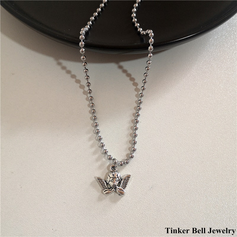 Stainless Steel Beads Chain Alloy Pendant Vintage Heart Jesus Cupid Butterfly Dinosaur Mushroom Grunge Necklaces For Women Men